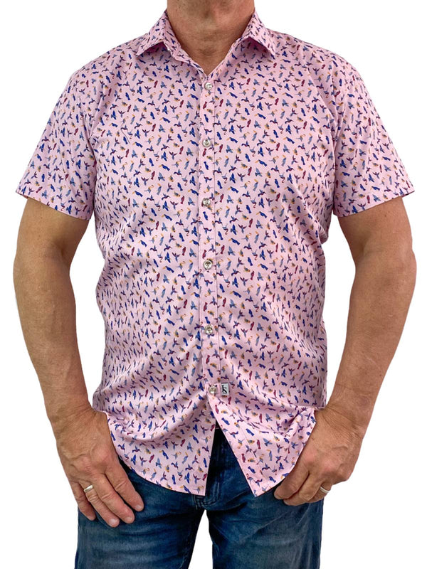 Birds Abstract Cotton S/S Big Mens Shirt - Pink