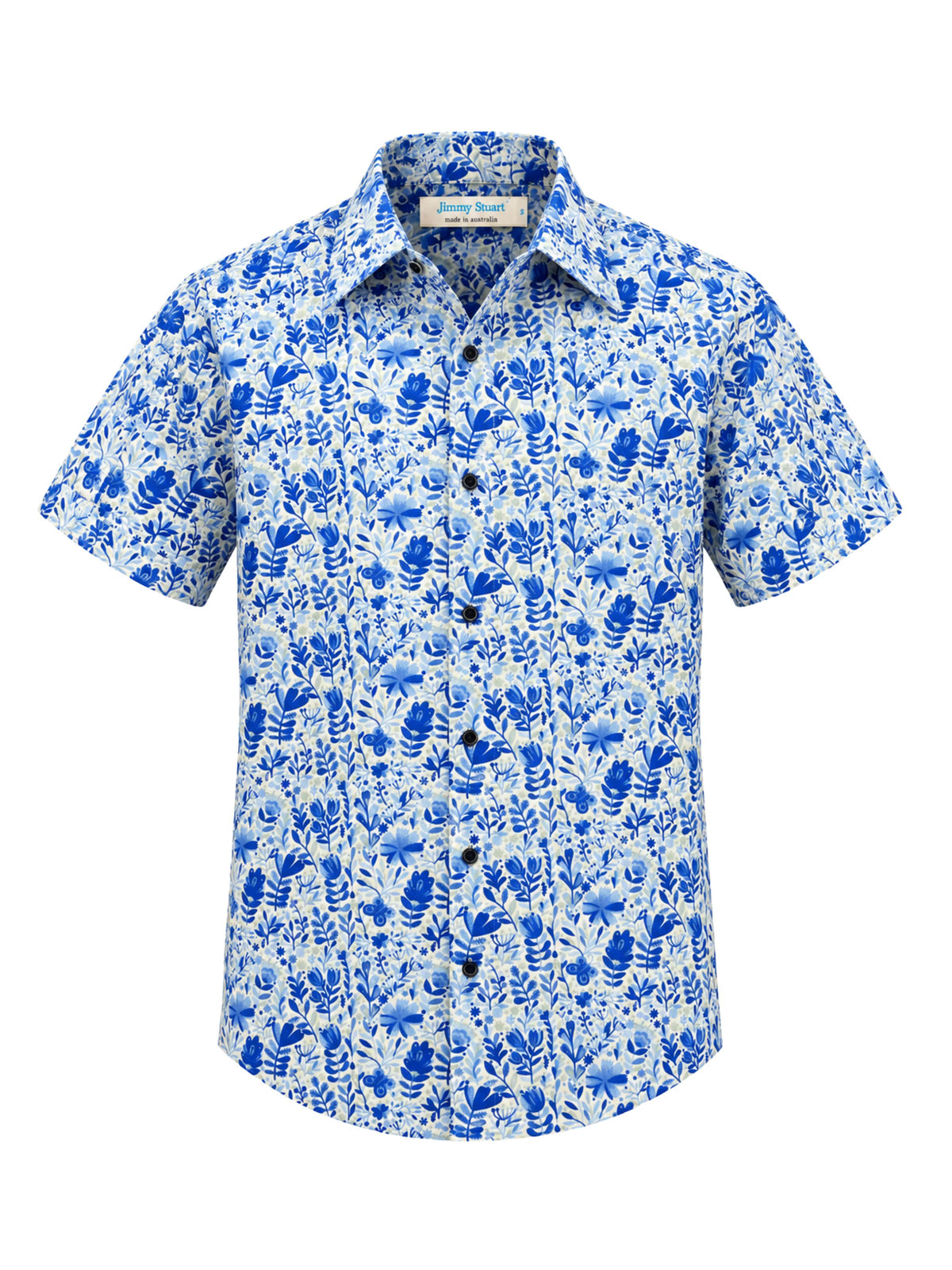 Blue Flower Floral Cotton S/S Big Mens Shirt - Blue