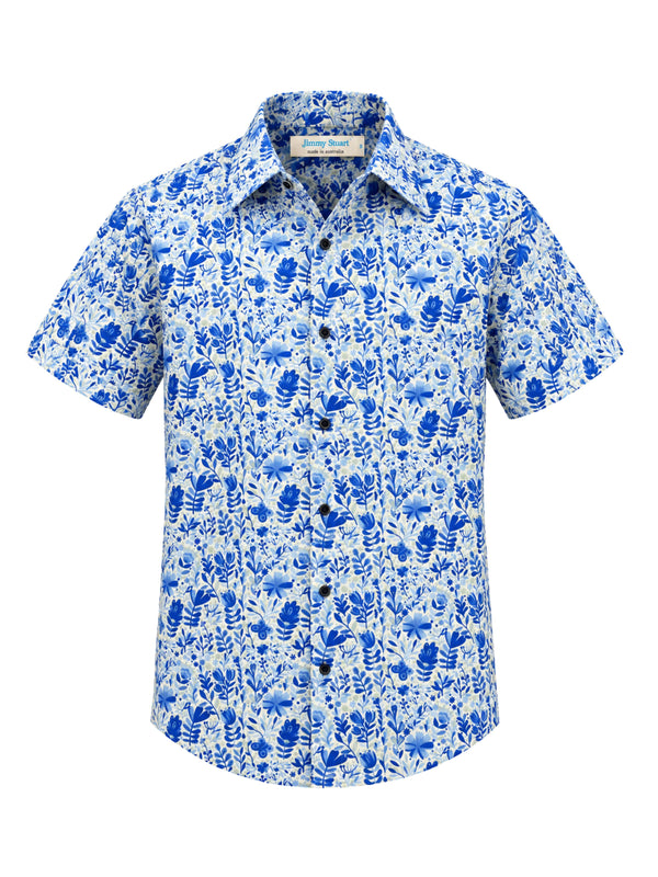 Blue Flower Floral Cotton S/S Shirt - Blue