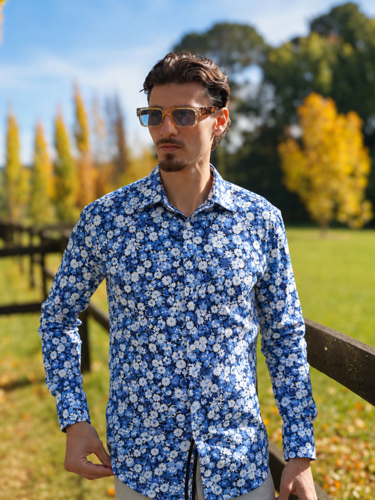 Empire Blue Floral Cotton L/S Shirt - Blue