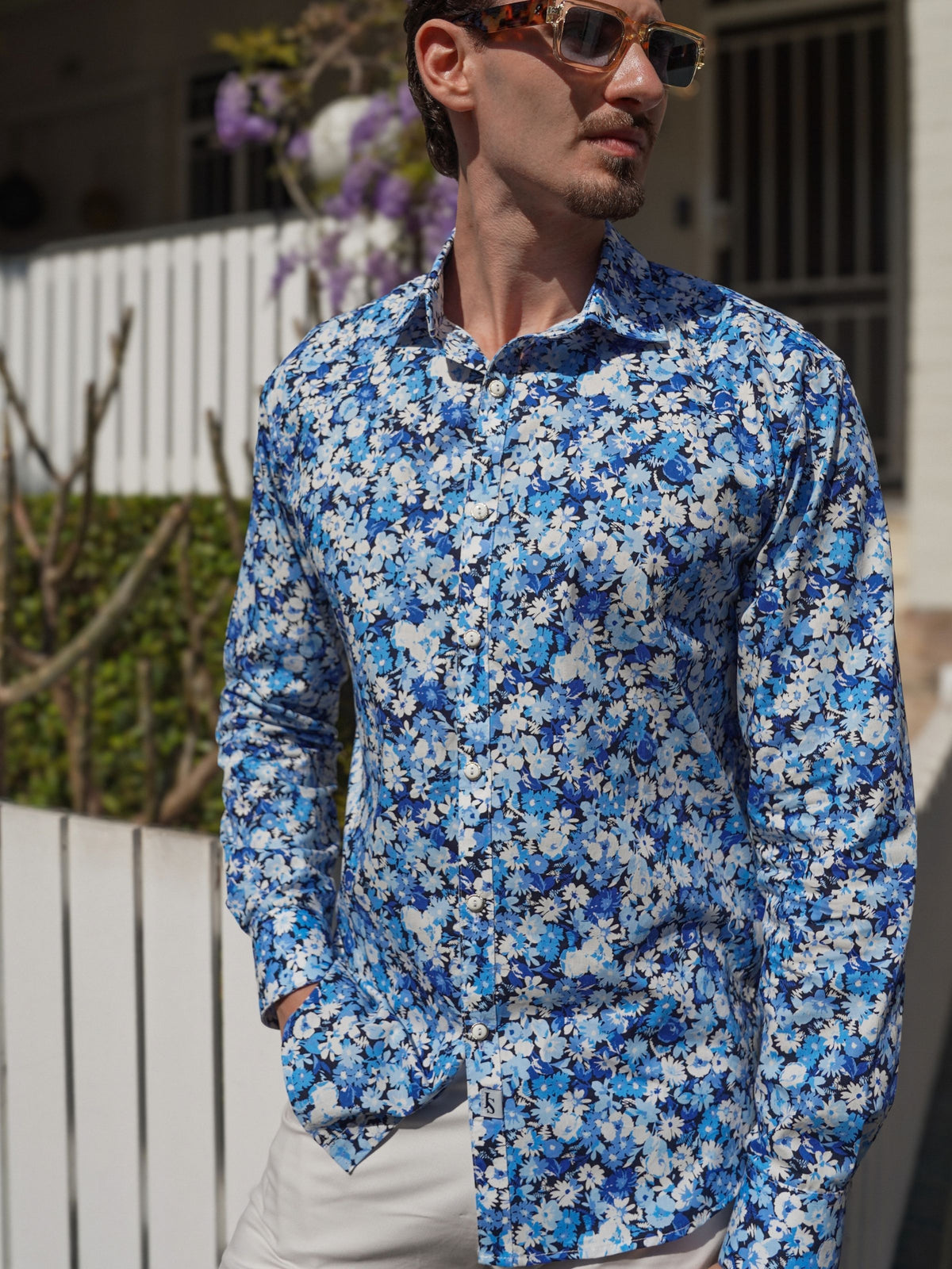 Empire Blue Floral Cotton L/S Shirt - Blue