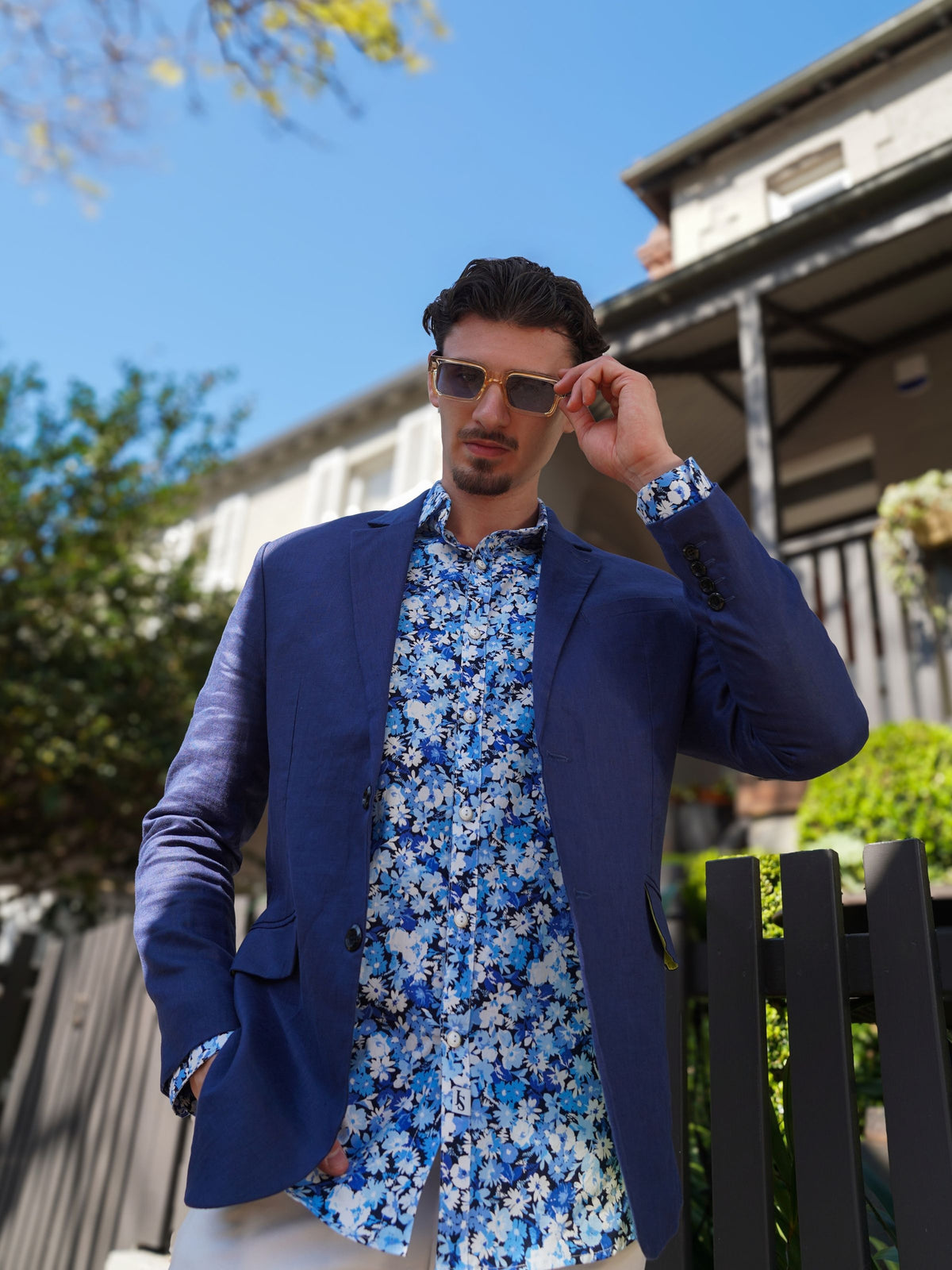 Empire Blue Floral Cotton L/S Shirt - Blue
