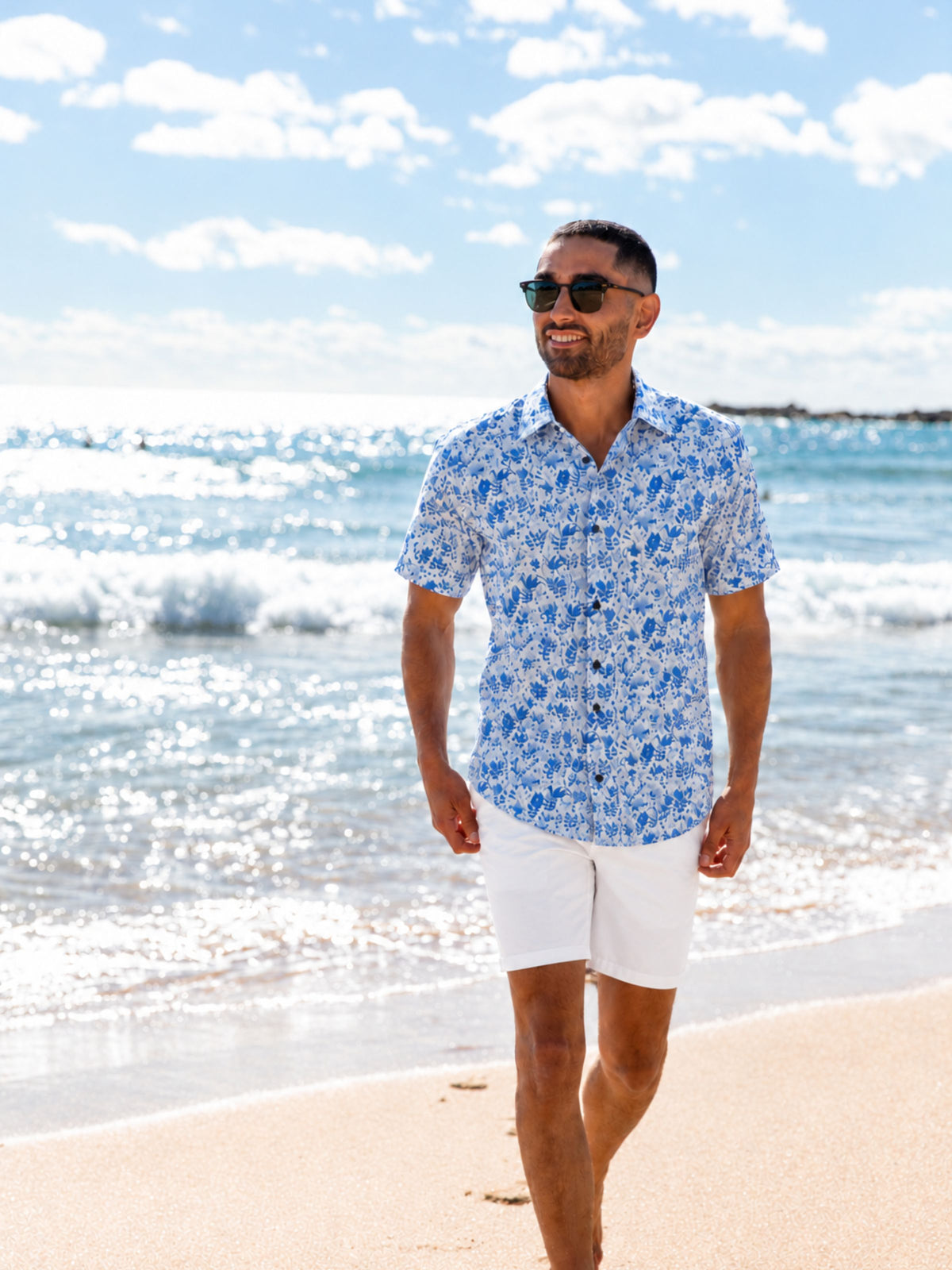 Blue Flower Floral Cotton S/S Big Mens Shirt - Blue