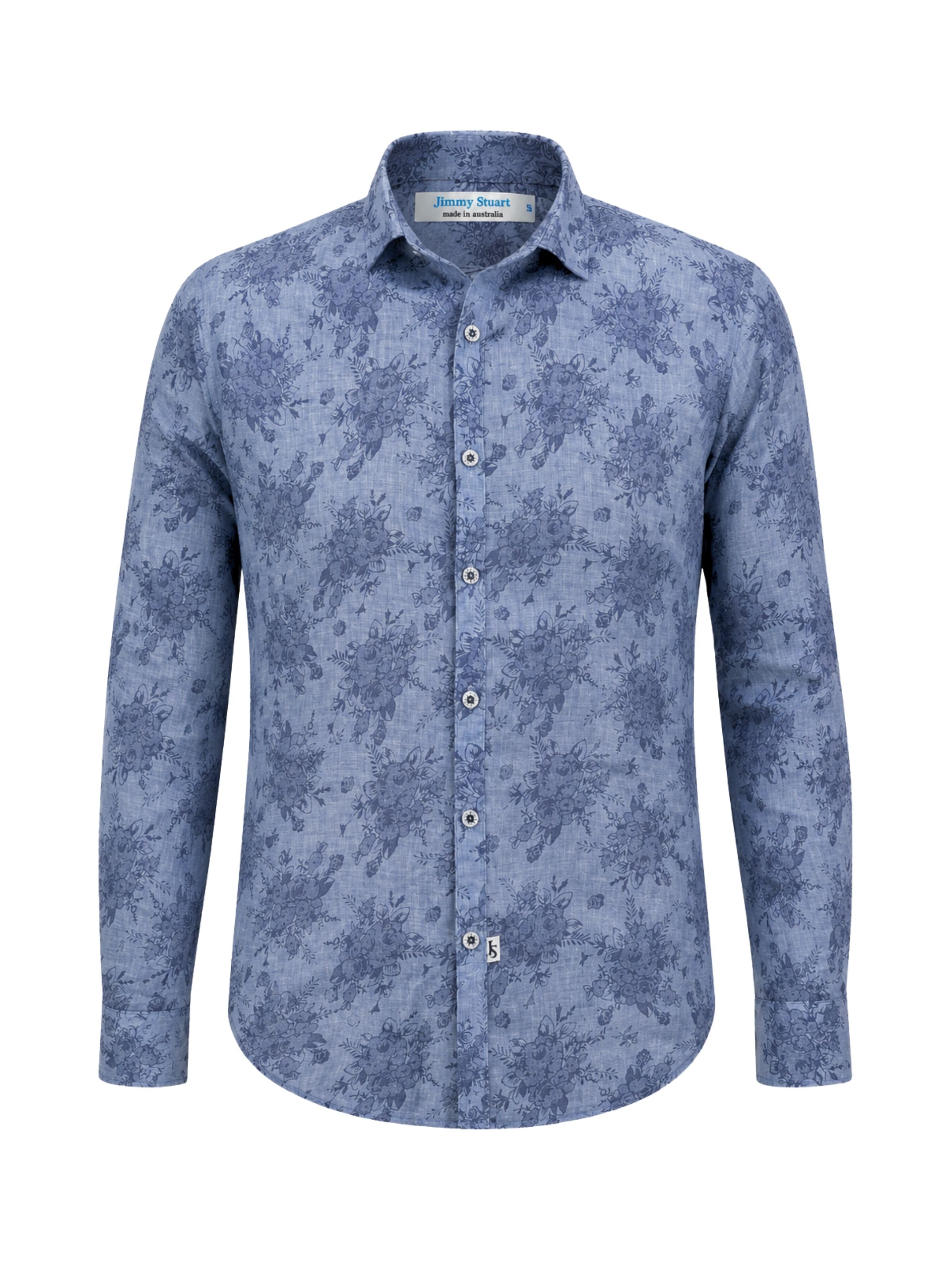Chambray Floral Cotton Voile L/S Shirt - Grey