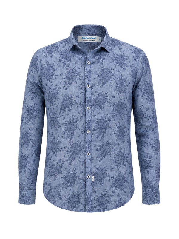 Chambray Floral Cotton Voile L/S Shirt - Grey