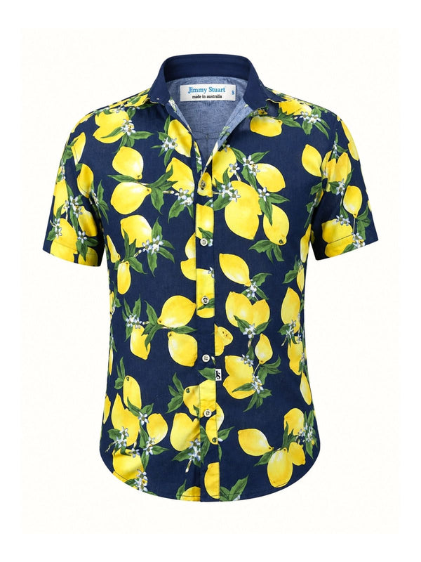 Citrus Abstract Cotton Voile S/S Big Mens Shirt - Navy/Yellow