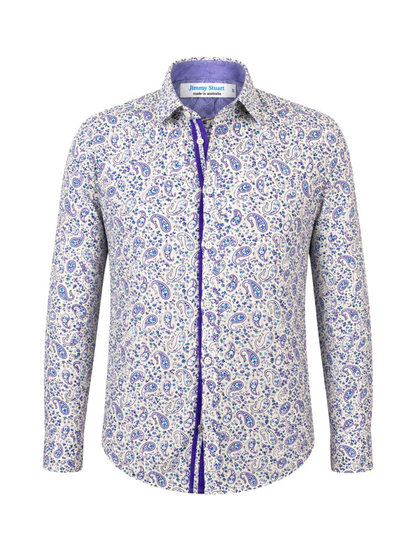 Dexy Paisley Cotton Big Mens L/S Shirt - Cream/Purple