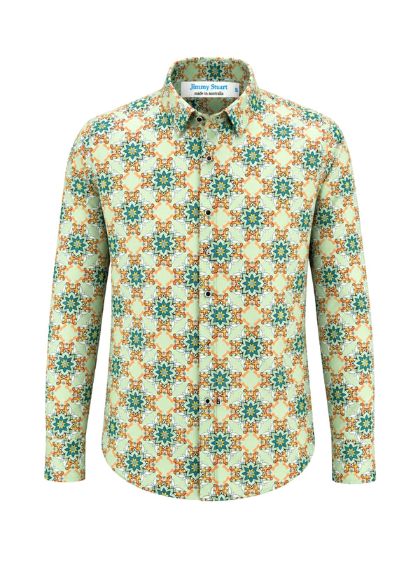 Gremlin Abstract Cotton L/S Big Mens Shirt - Green/Orange