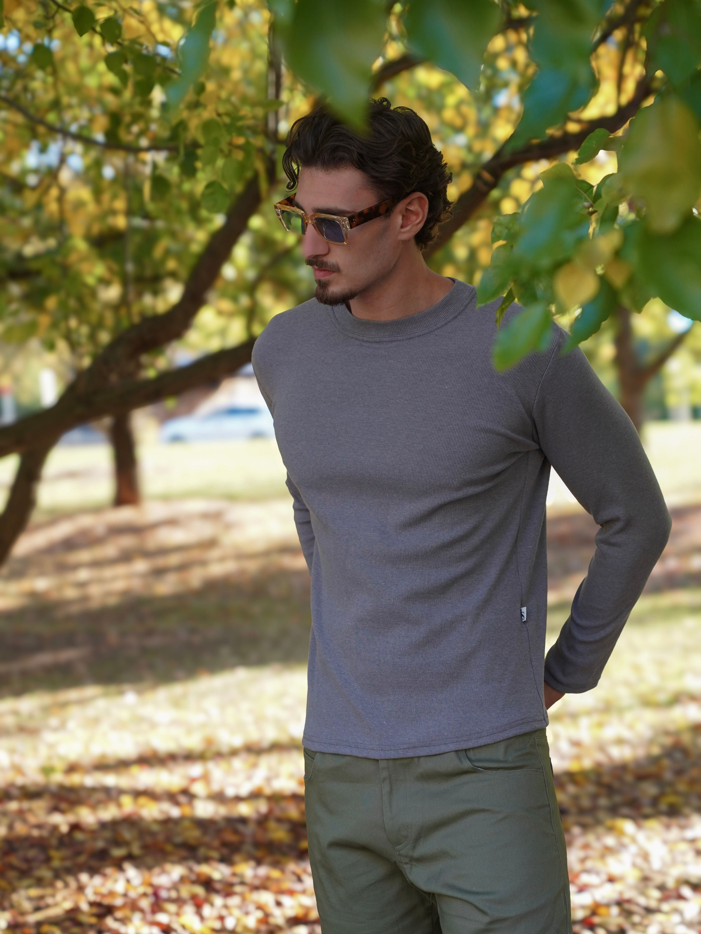 Grey Ribbed Cotton L/S Tee