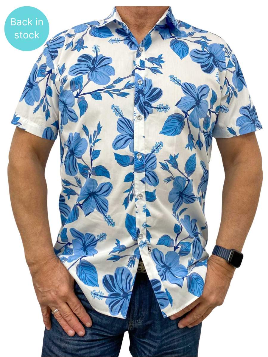 Holiday Hawaiian Cotton S/S Shirt - Blue/White