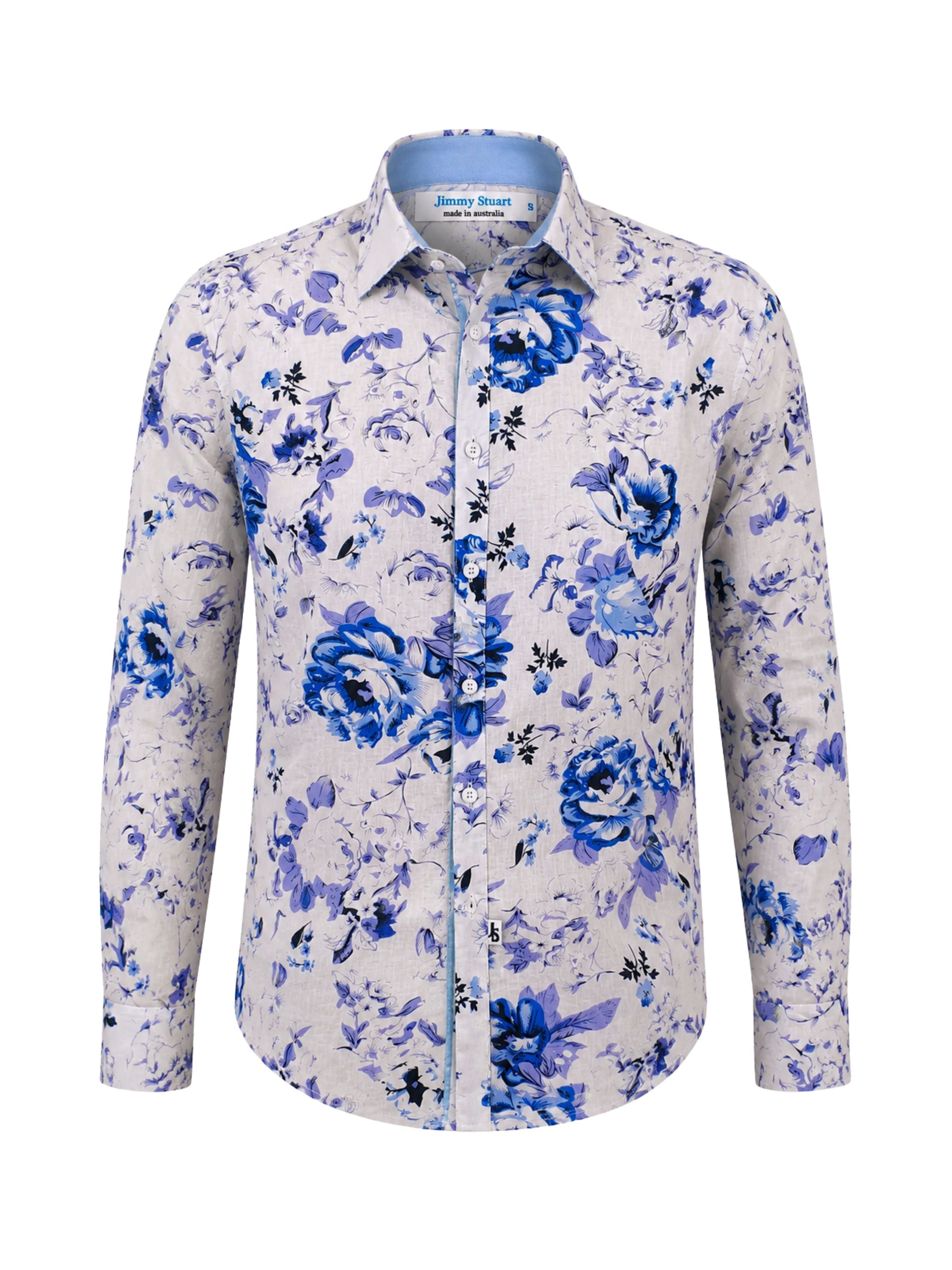 Jacaranda Floral Cotton Voile L/S Shirt - White/Blue/Purple