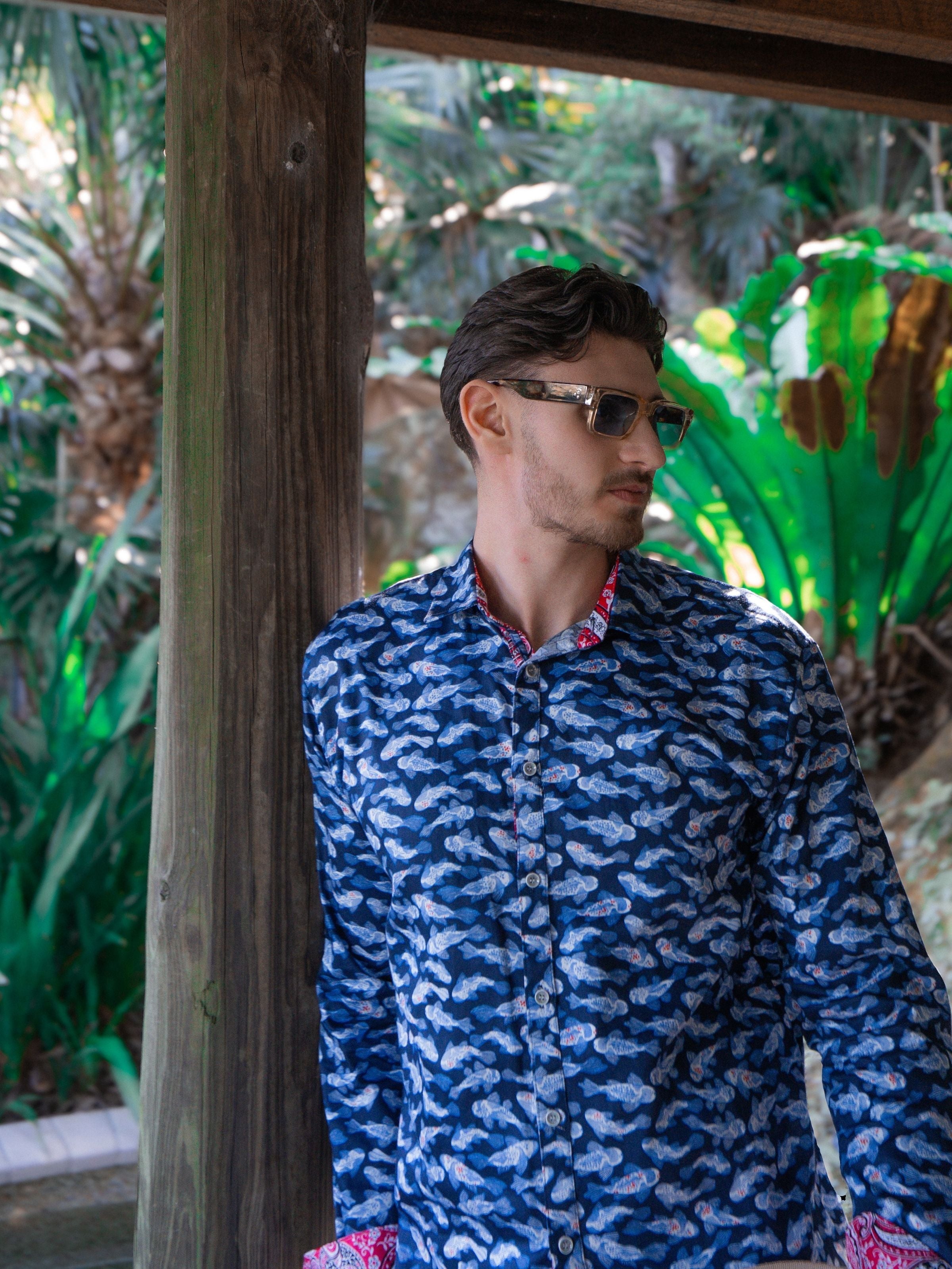 Koi Abstract Cotton L/S Shirt - Blue