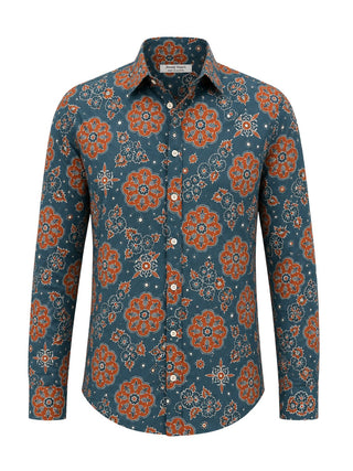 Loka Floral Cotton L/S Shirt - Teal/Brown
