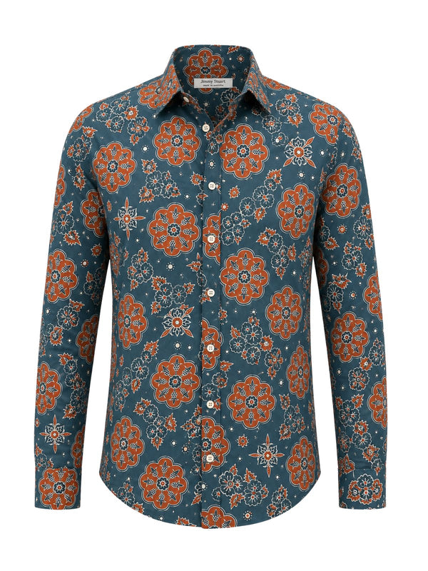 Loka Floral Cotton L/S Shirt - Teal/Brown