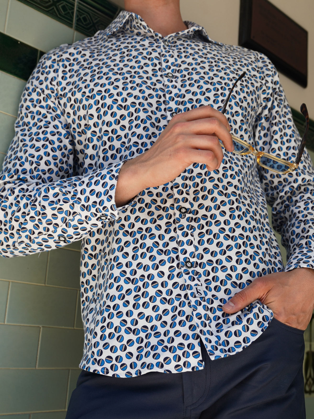 Marble Geometric Cotton L/S Shirt - White/Blue