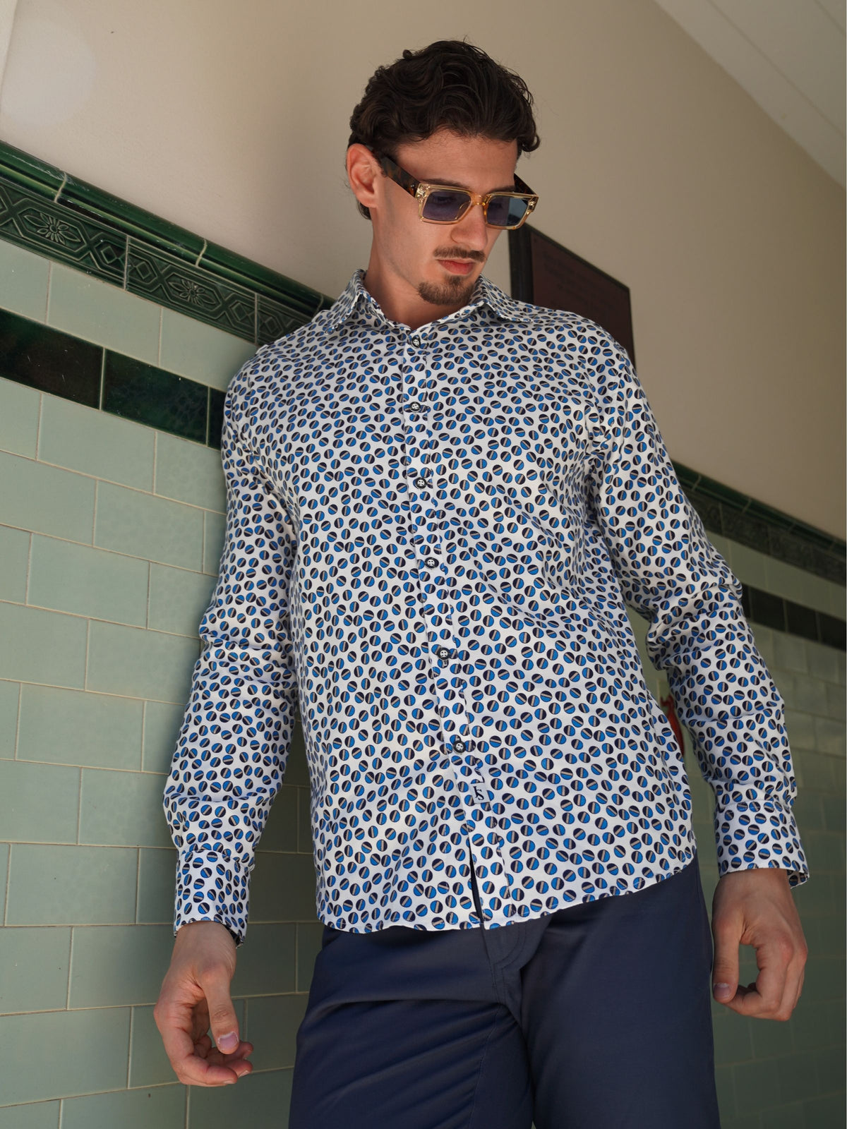 Marble Geometric Cotton L/S Shirt - White/Blue