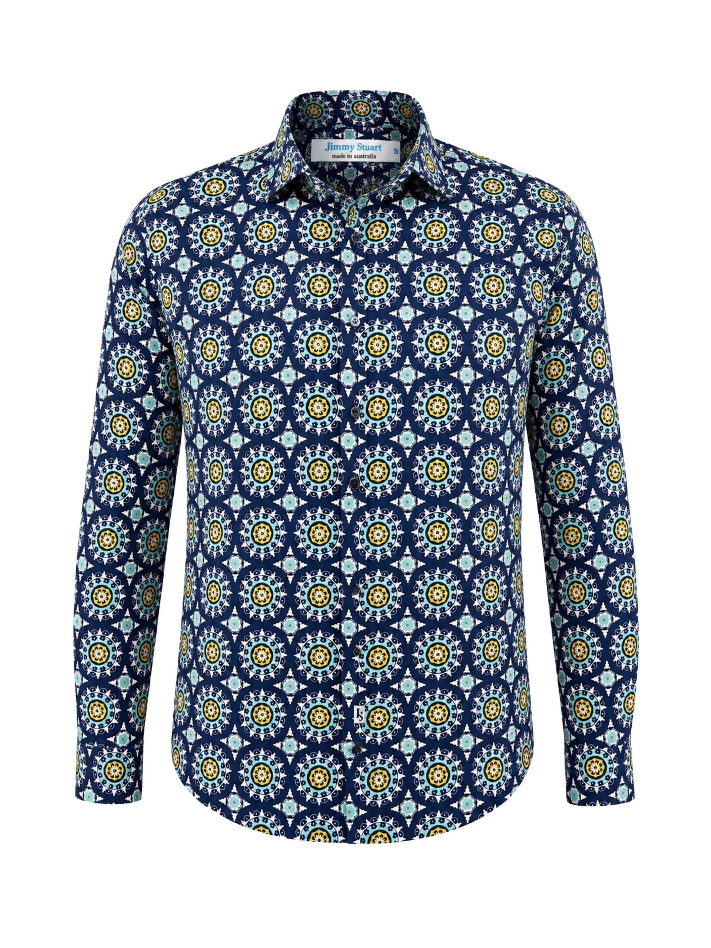 Midnight Geometric Cotton L/S Shirt - Blue/Yellow