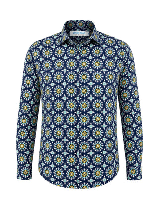 Midnight Geometric Cotton L/S Shirt - Blue/Yellow