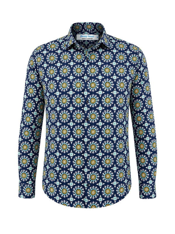 Midnight Geometric Cotton L/S Shirt - Blue/Yellow