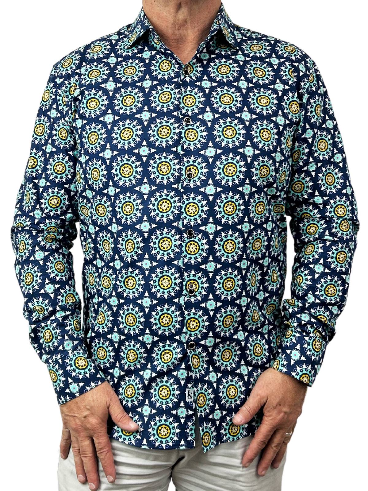 Midnight Geometric Cotton L/S Big Mens Shirt - Blue/Yellow