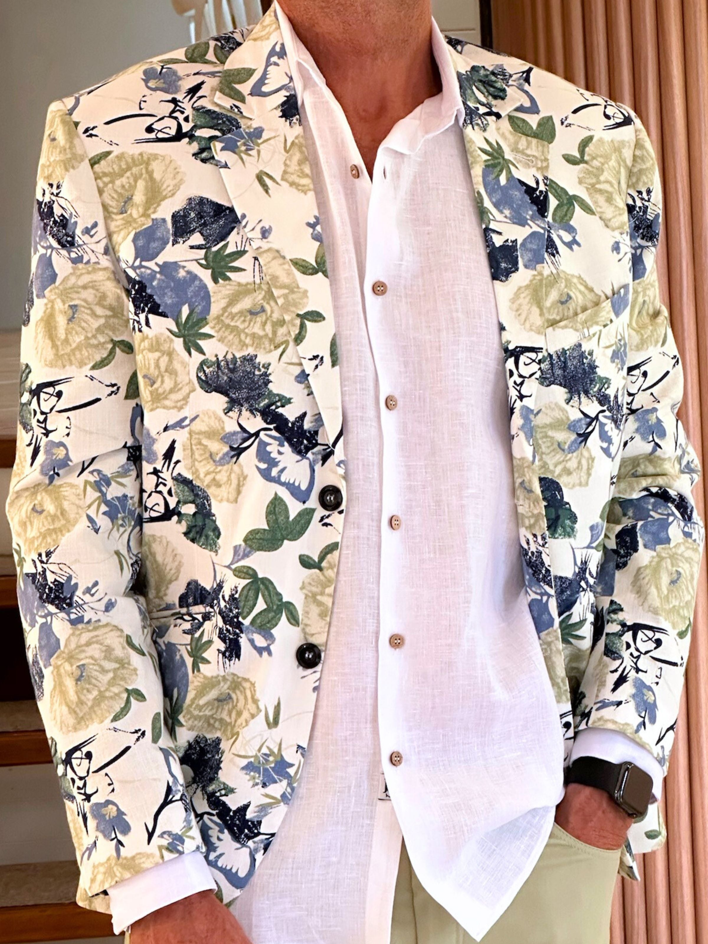 Niseko Floral Linen Jacket - White/Green/Blue