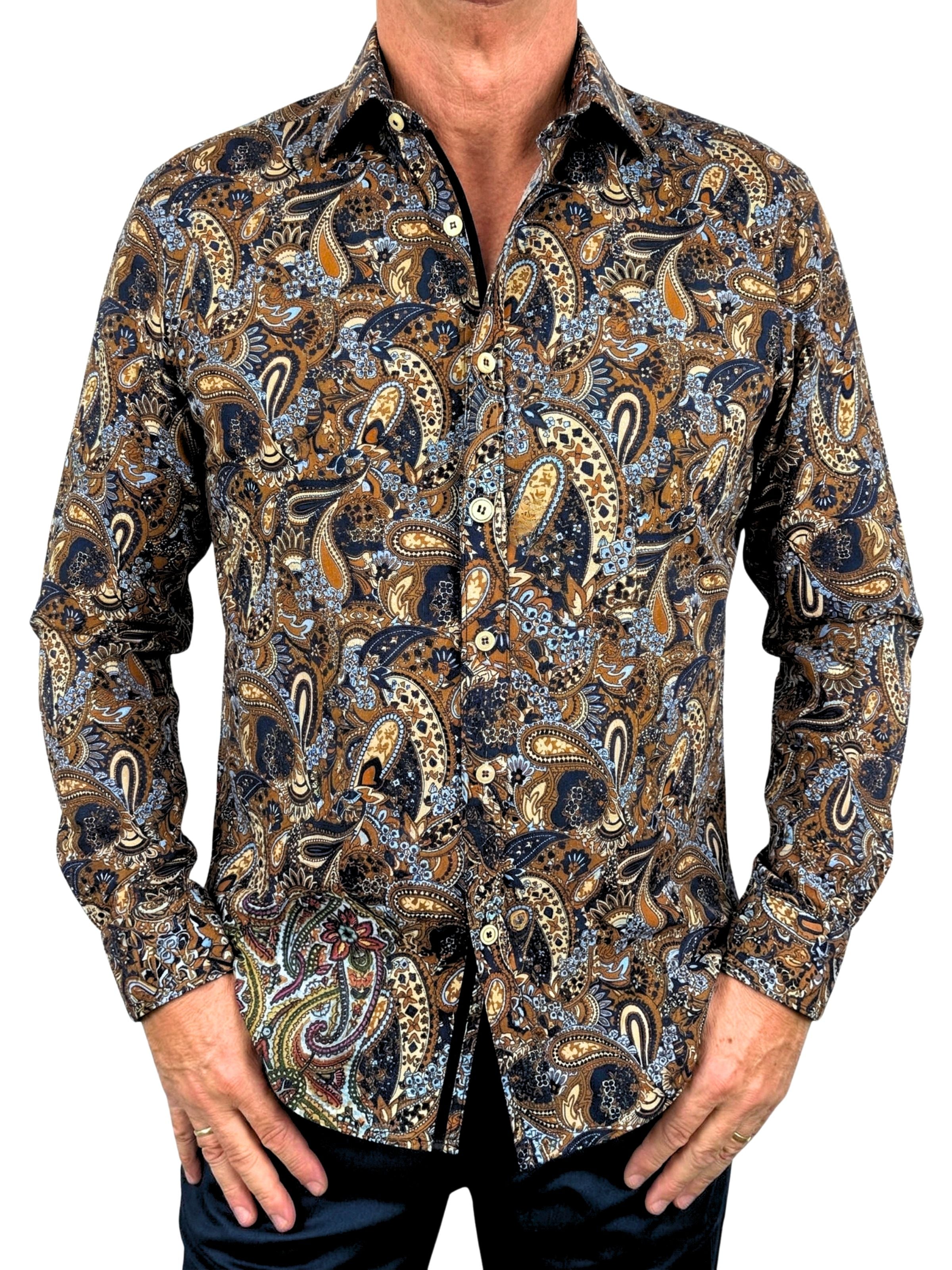 Old World Paisley Cotton L/S Shirt - Brown