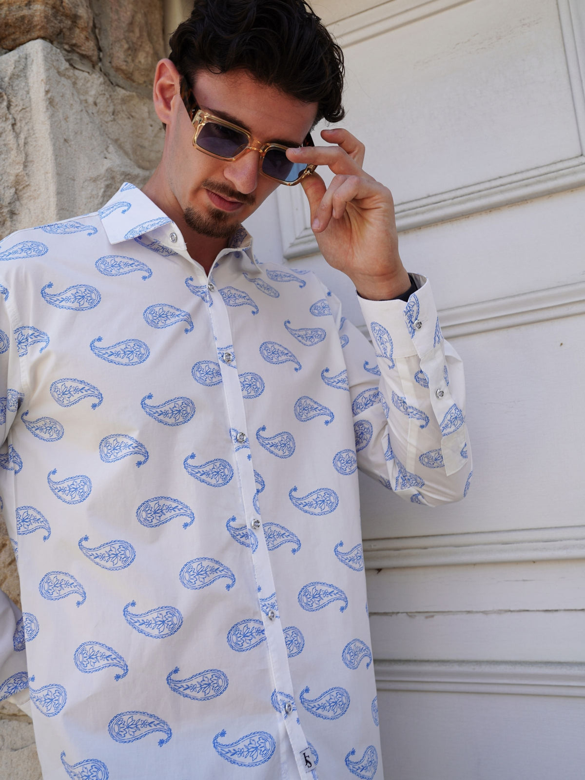 Overcast Paisley Cotton L/S Shirt - White/Blue