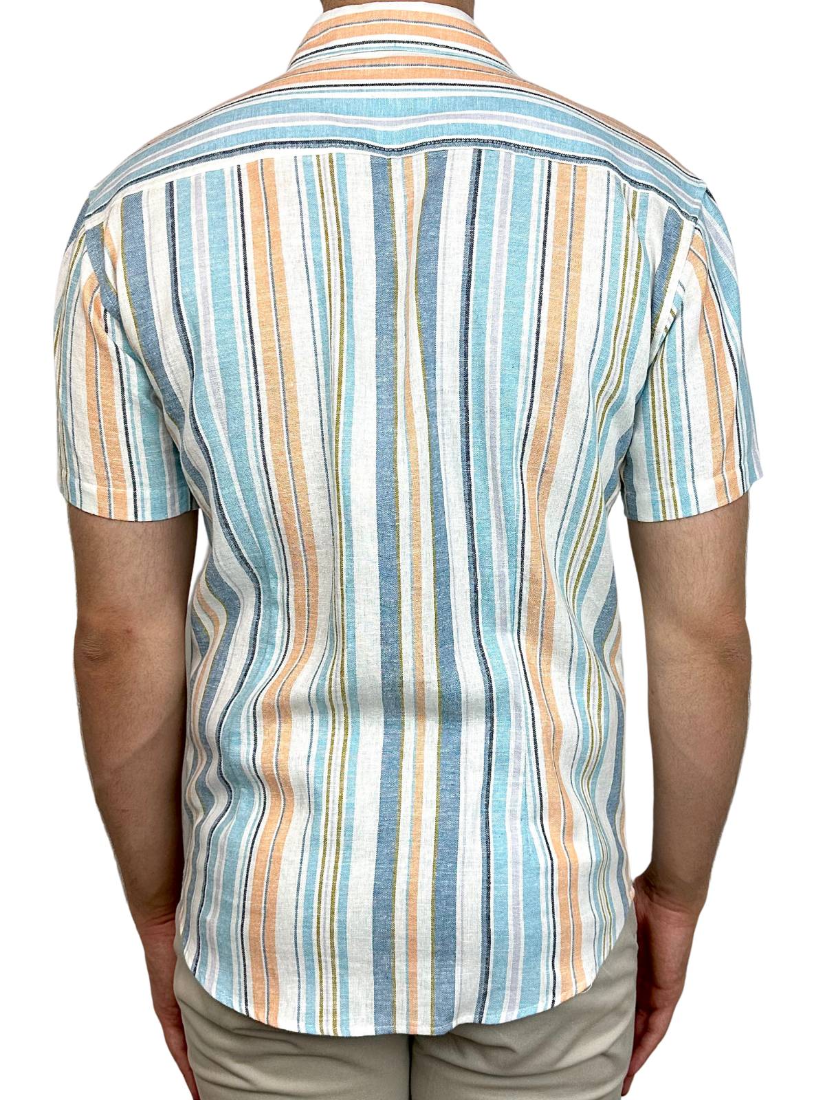Palermo Stripe Linen S/S Big Mens Shirt - Blue/Orange