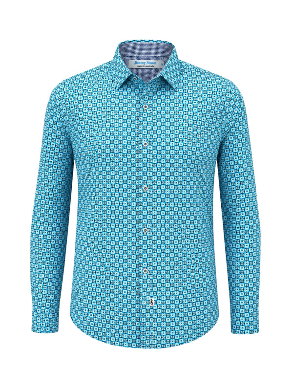 Palm Springs Abstract Cotton L/S Shirt - Blue