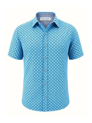 Palm Springs Abstract Cotton S/S Big Mens Shirt - Blue