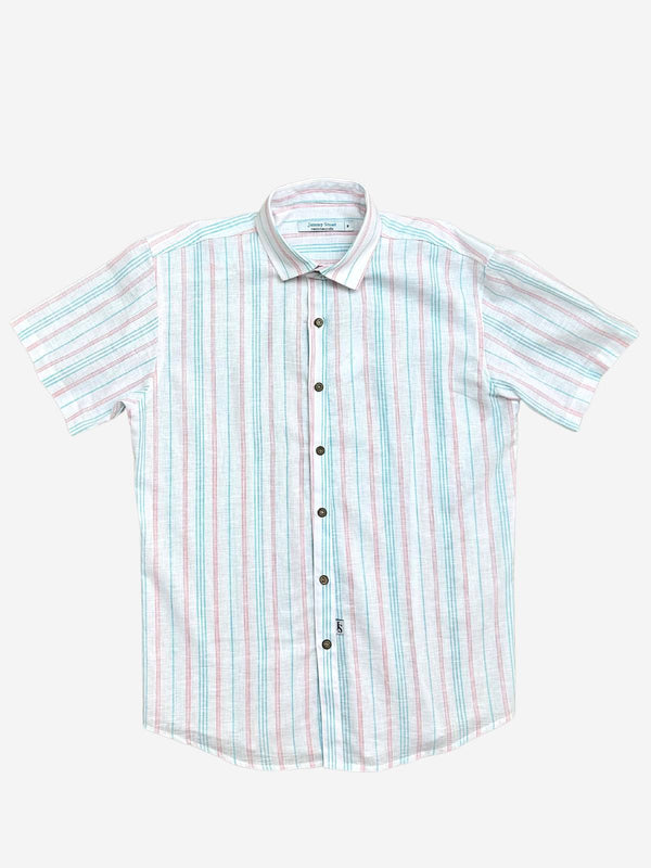 Positano Stripe Linen S/S Big Mens Shirt - Blue/Pink/White