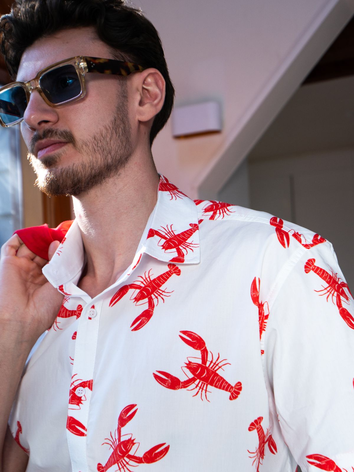 Rock Lobster Cotton S/S Big Mens Shirt - White/Red