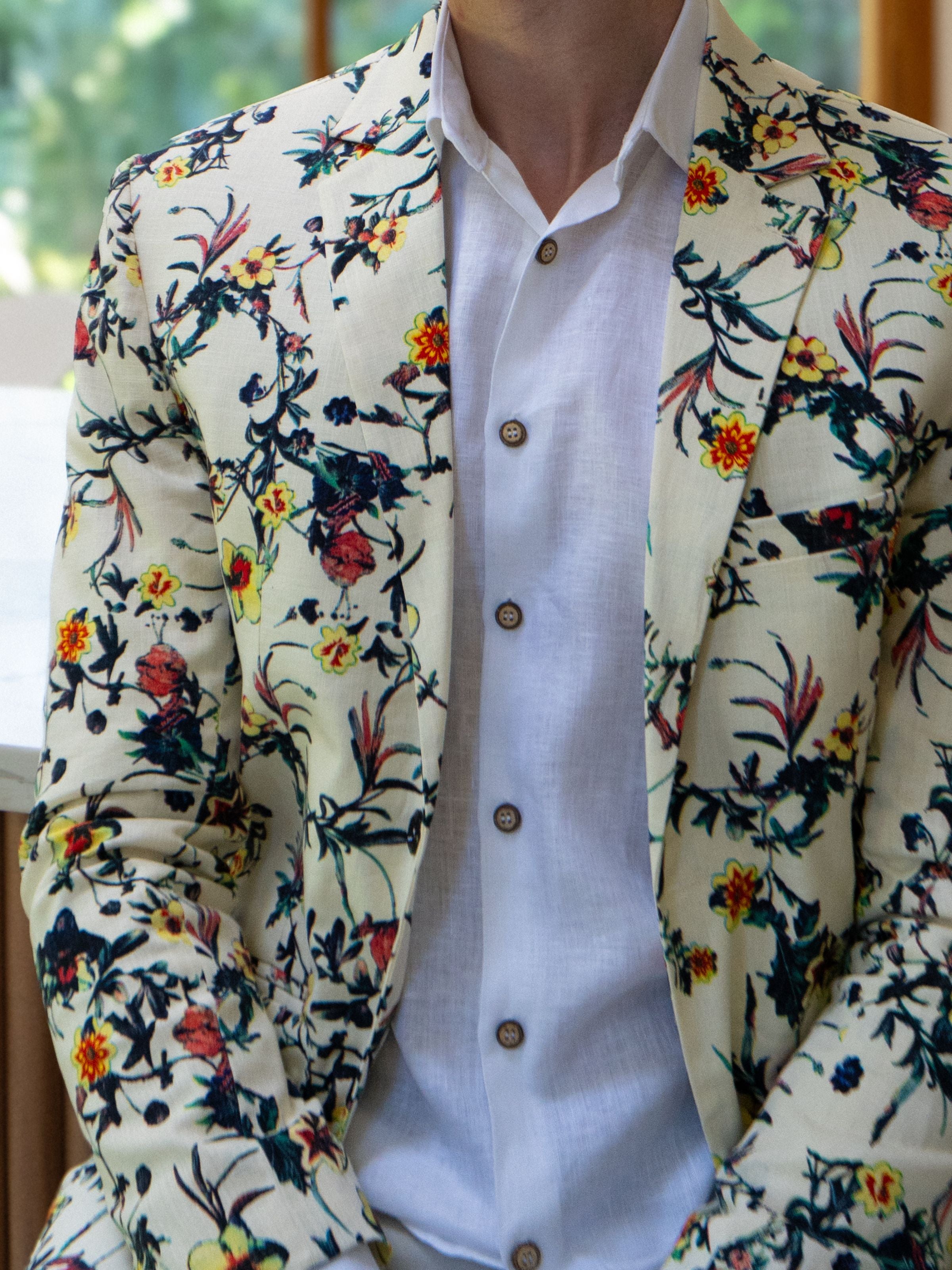 Saffron Floral Linen Jacket - Cream