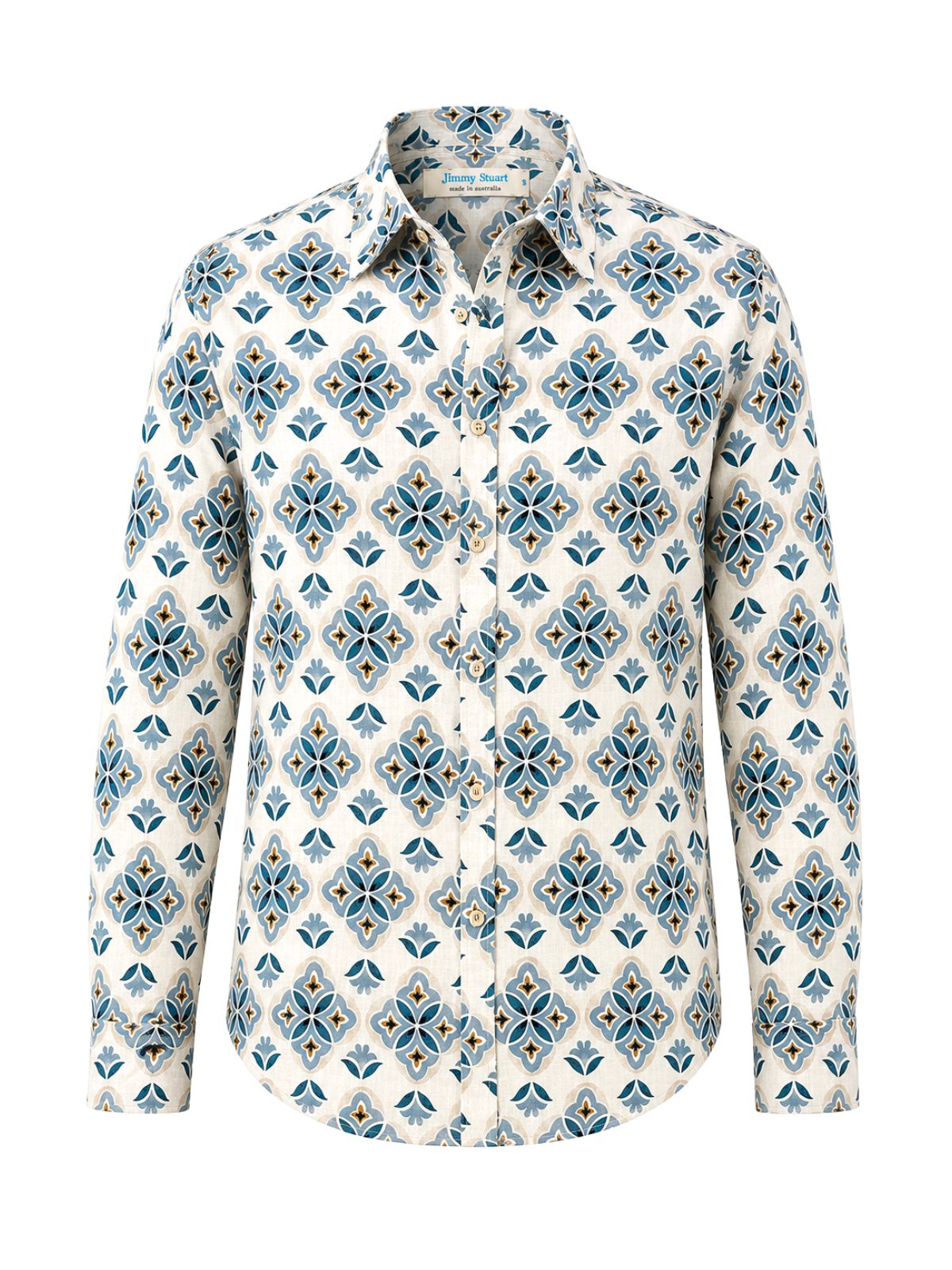 Sagrada Geometric Linen L/S Shirt - White/Blue