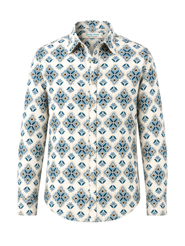 Sagrada Geometric Linen L/S Shirt - White/Blue