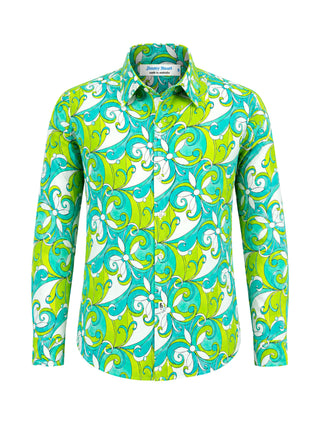 Shagadelic Abstract Cotton LS Big Mens Shirt - Blue/Green