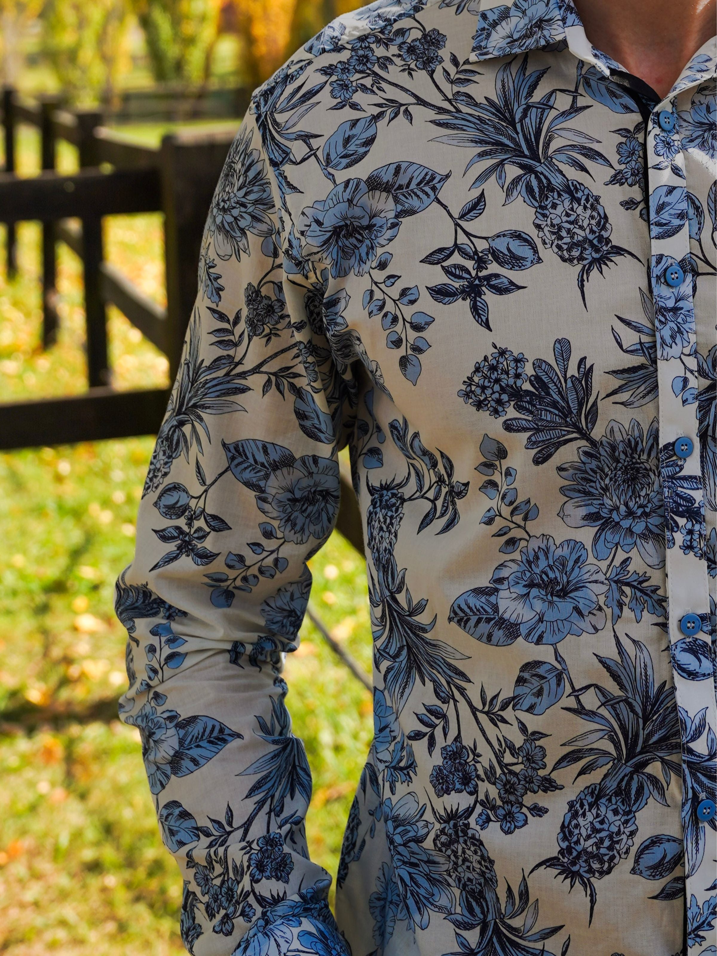 Soffa Floral Cotton L/S Shirt - Ivory/Blue