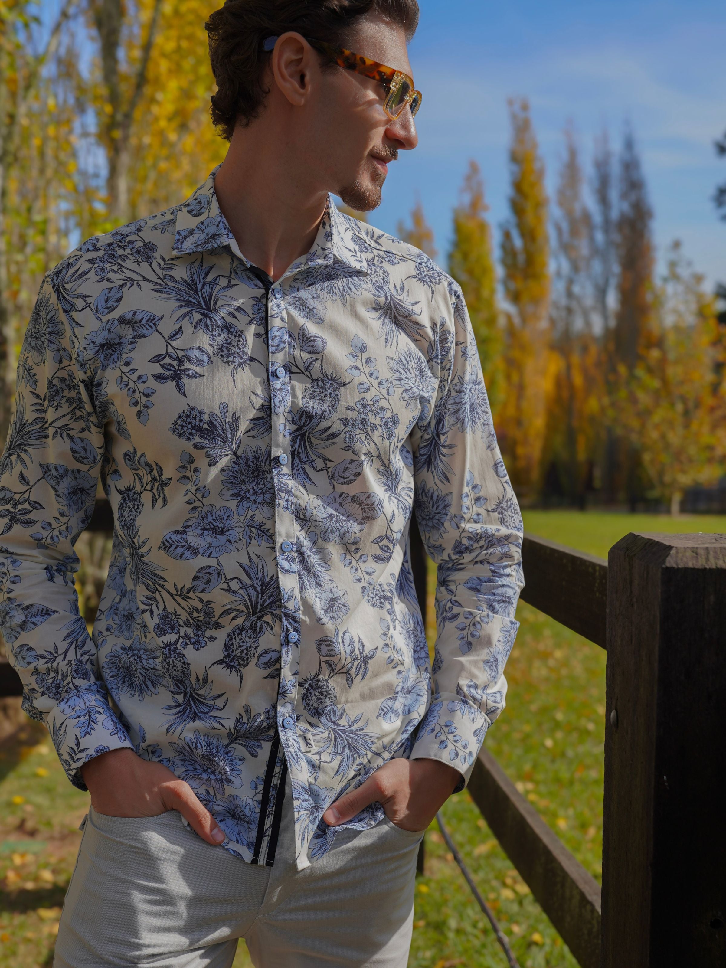 Soffa Floral Cotton L/S Shirt - Ivory/Blue