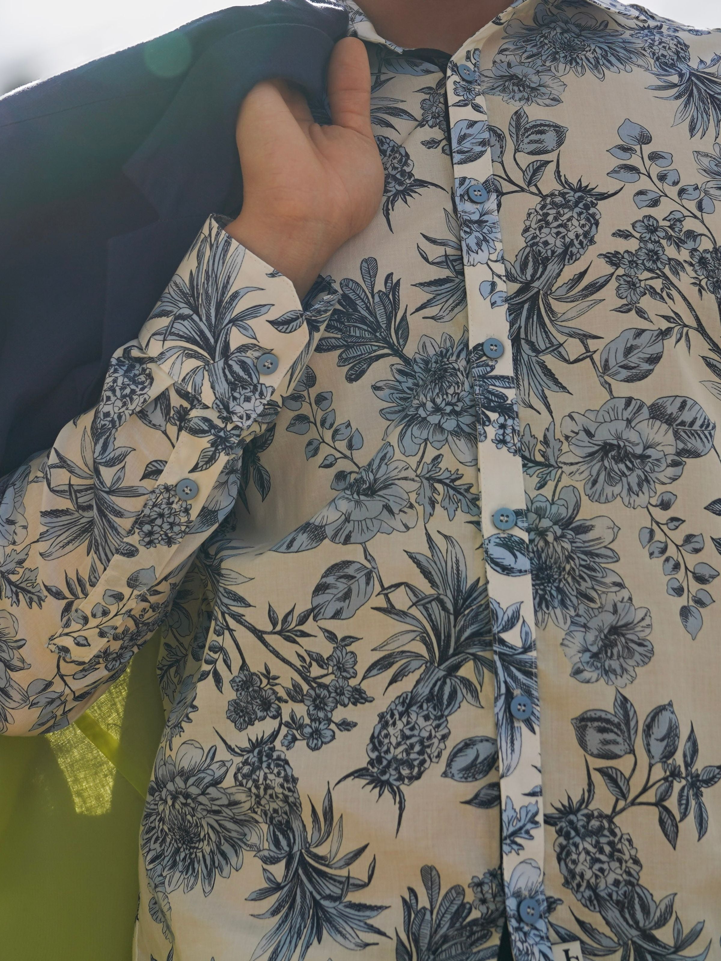 Soffa Floral Cotton L/S Shirt - Ivory/Blue
