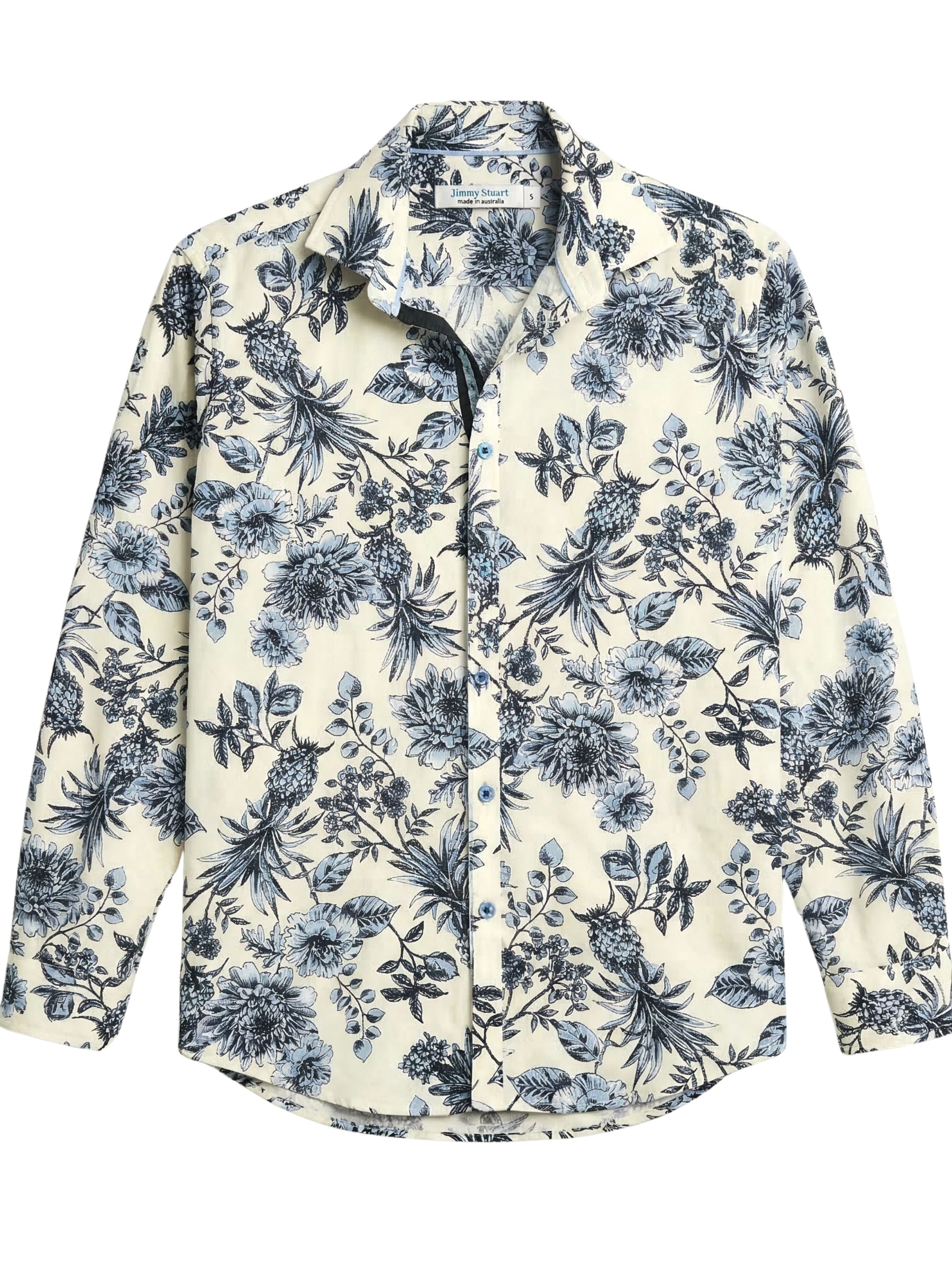 Soffa Floral Cotton L/S Big Mens Shirt - Ivory/Blue