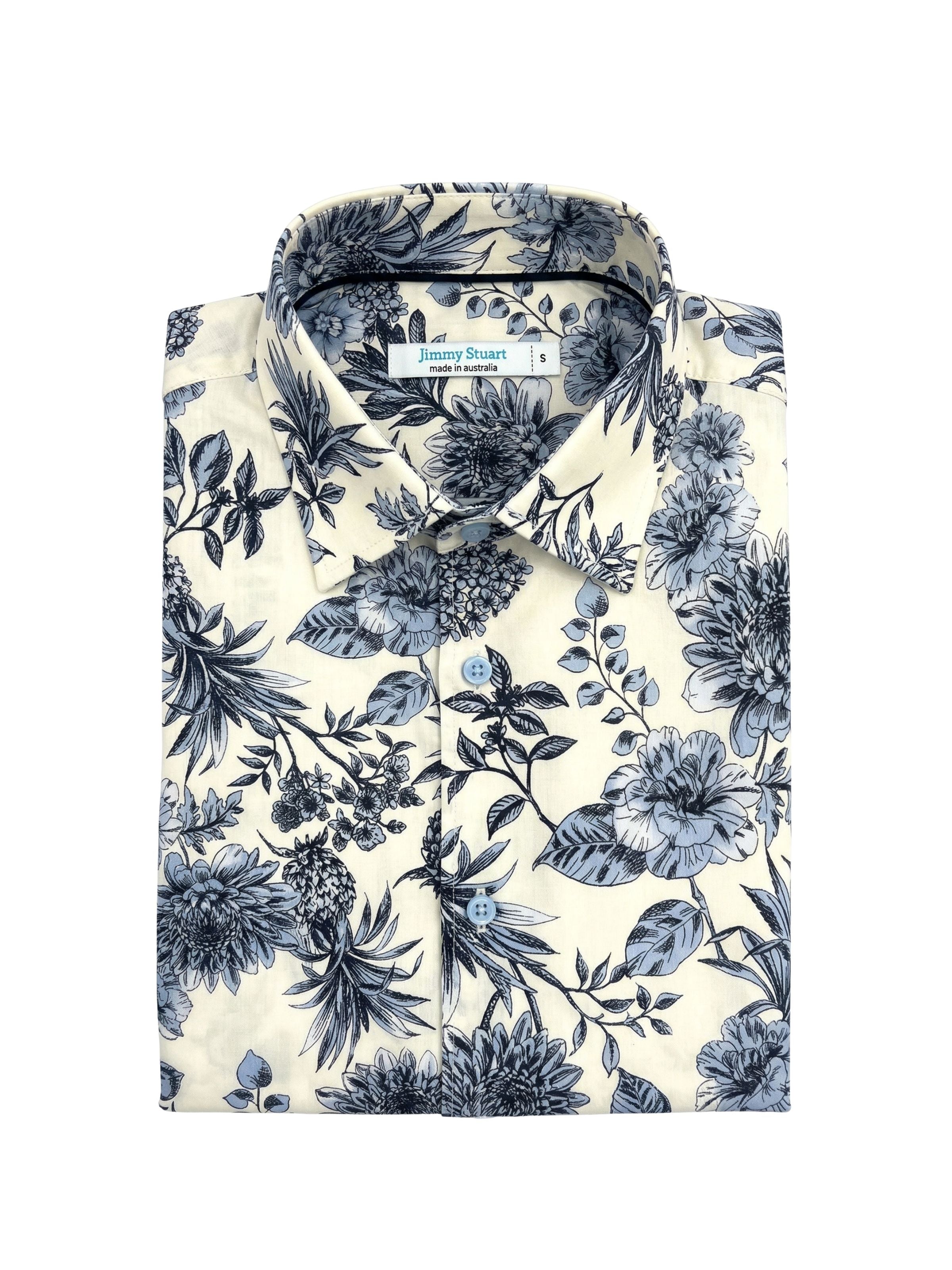 Soffa Floral Cotton L/S Big Mens Shirt - Ivory/Blue