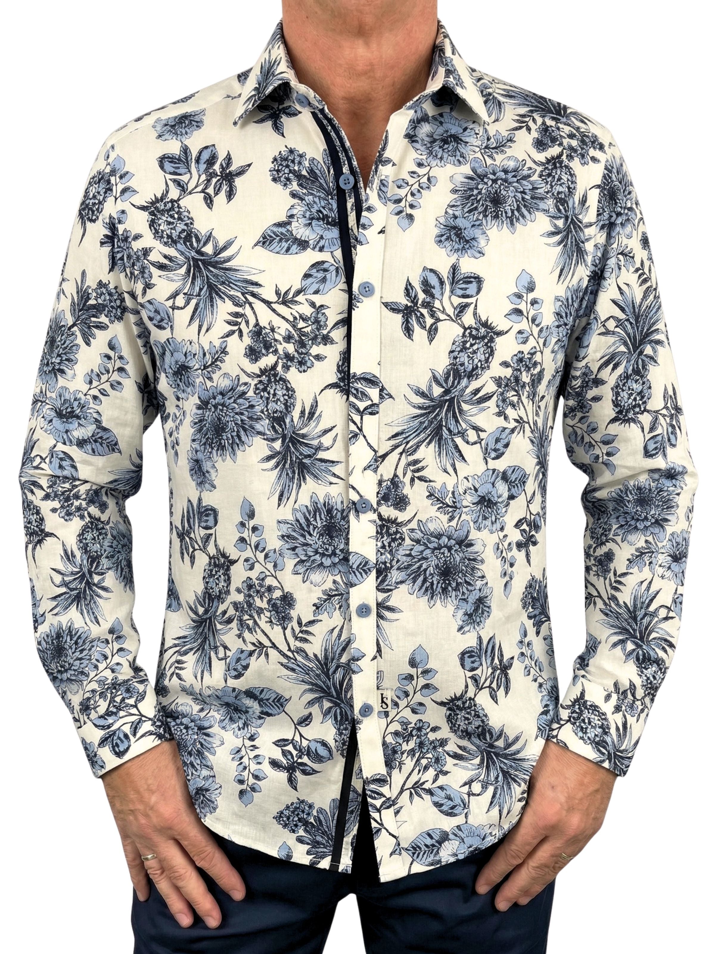 Soffa Floral Cotton L/S Shirt - Ivory/Blue