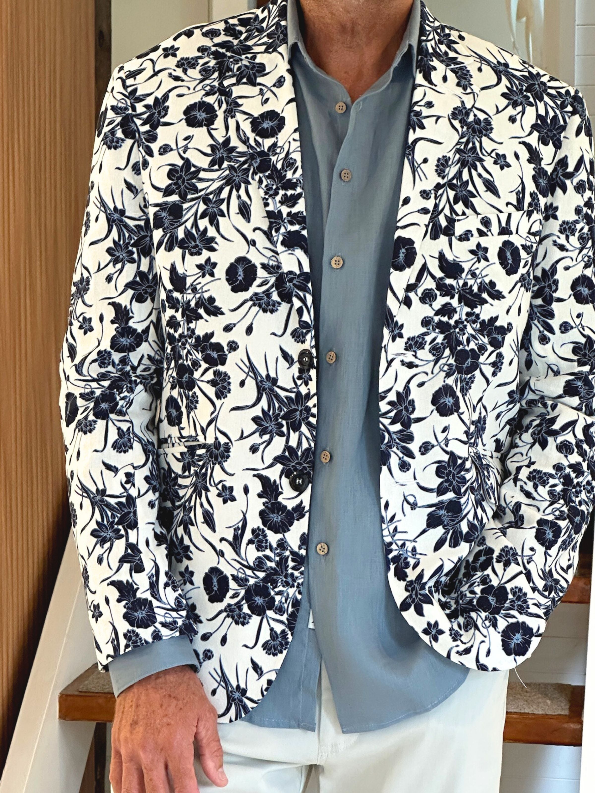 Spitfire Floral Linen Jacket - White/Blue