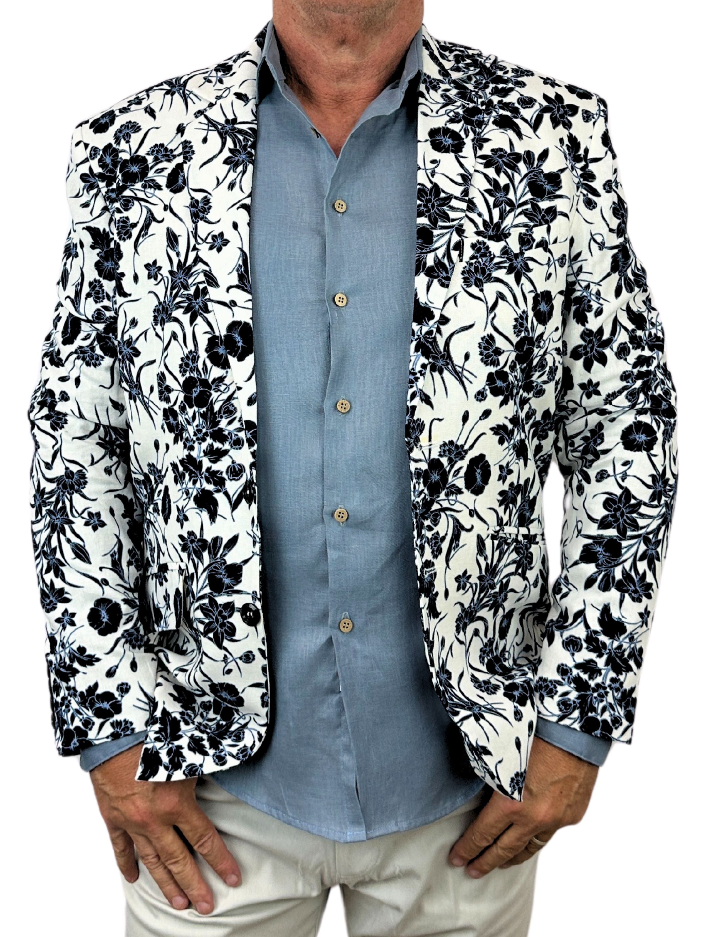 Spitfire Floral Linen Jacket - White/Blue