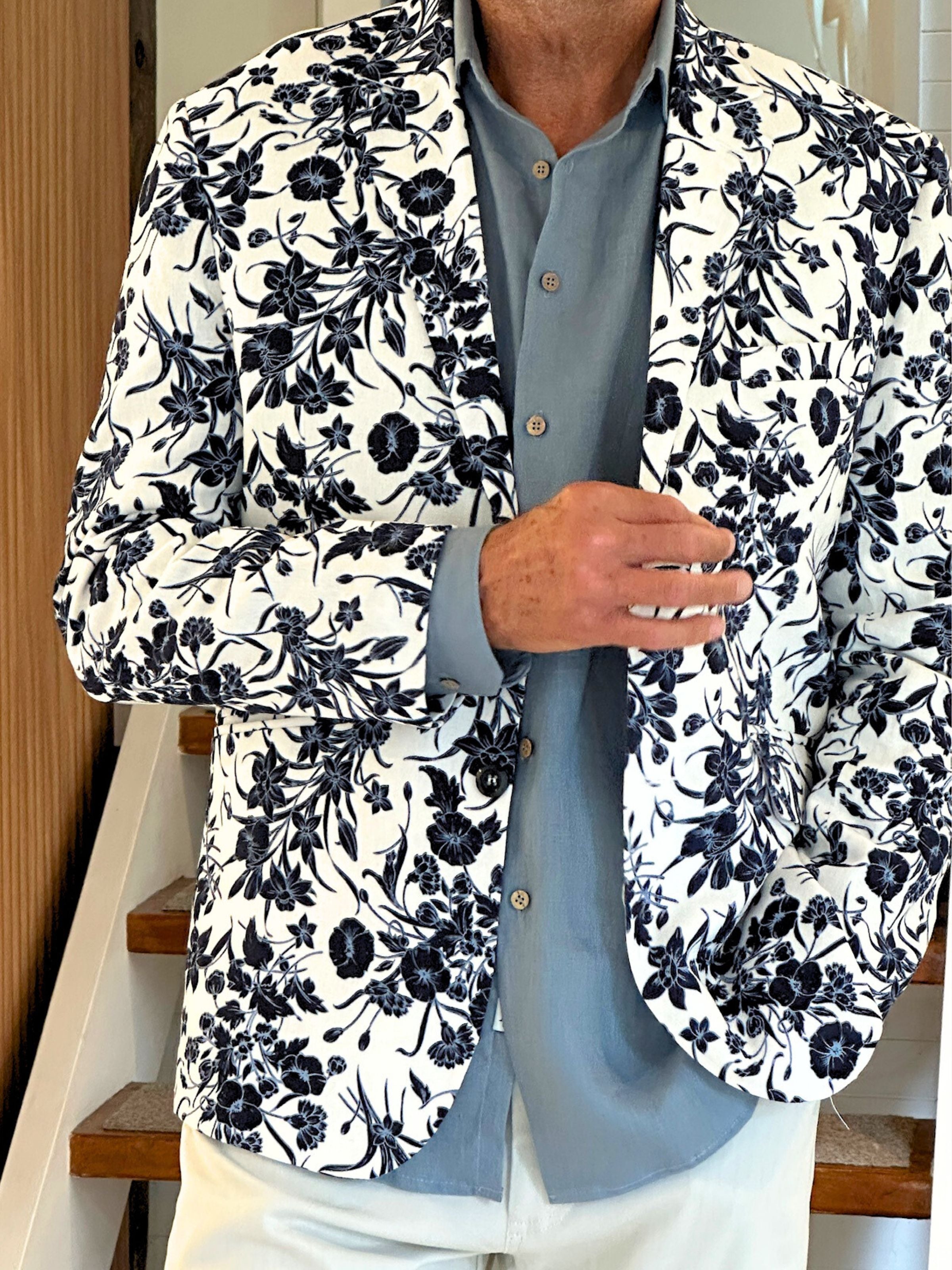 Spitfire Floral Linen Jacket - White/Blue