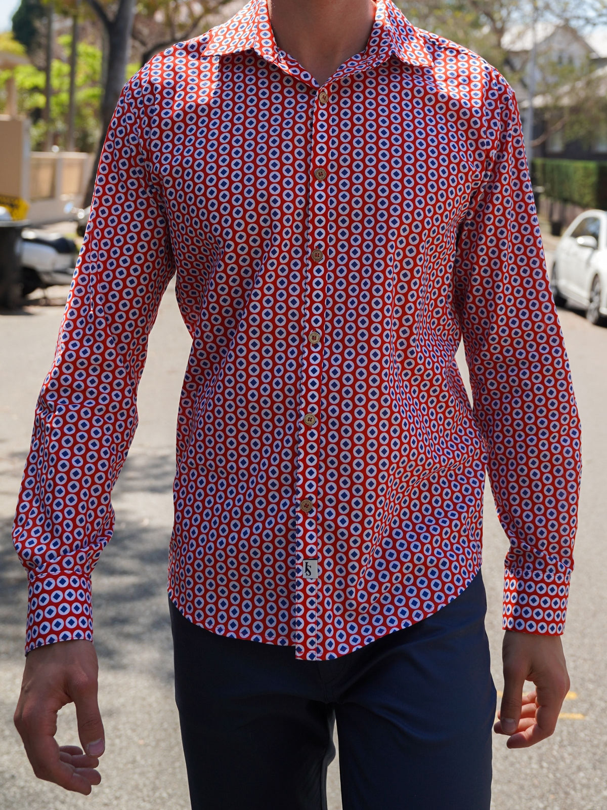 Tessellation Geometric Cotton L/S Shirt - Red/White