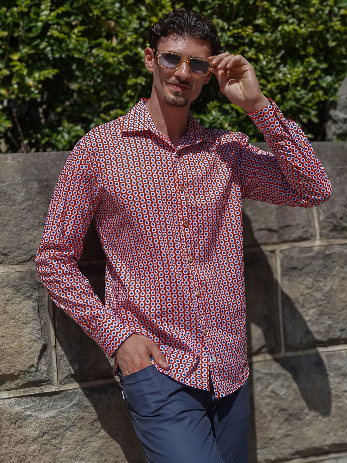 Tessellation Geometric Cotton L/S Shirt - Red/White