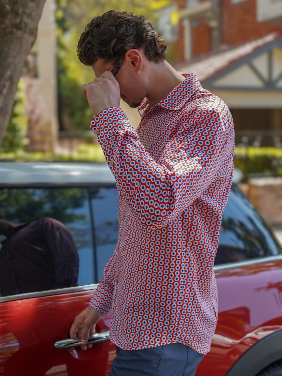 Tessellation Geometric Cotton L/S Shirt - Red/White