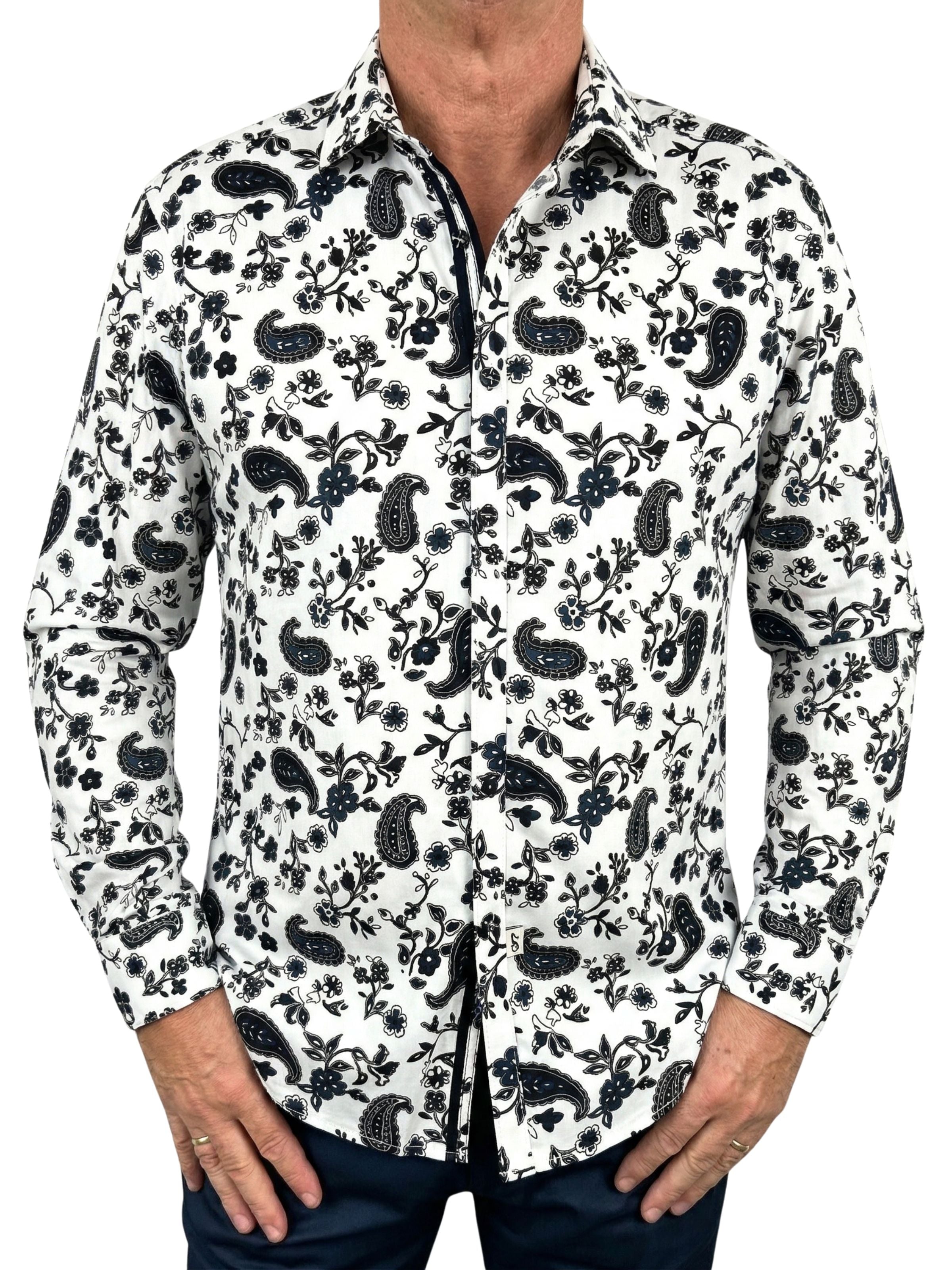 Day of the Dead Paisley Cotton L/S Shirt - White/Black