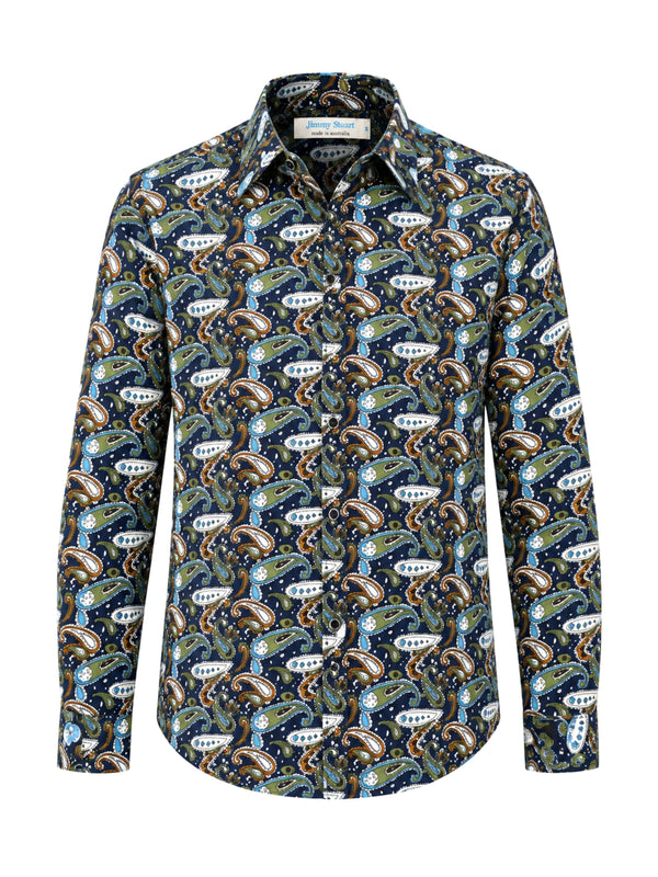 Walrus Paisley Cotton L/S Shirt - Navy/Green